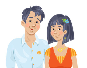 Obraz premium Portrait of a young Asian couple of man and woman. In cartoon style. Isolated on white background. Vector illustration. 
