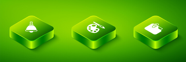 Set Isometric Paint brush with palette, Document folder clip and Ringing bell icon. Vector