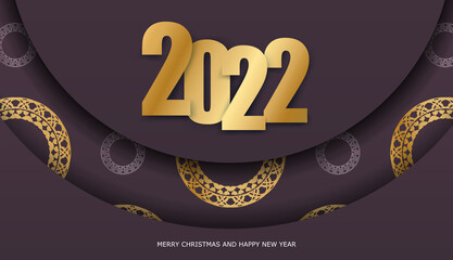 Template Greeting Brochure 2022 Merry Christmas and Happy New Year burgundy color with winter gold pattern
