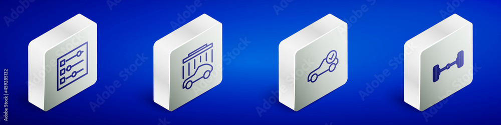 Poster Set Isometric line Car settings, wash, Auto service check automotive and Chassis car icon. Vector