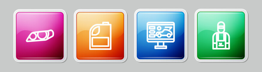 Set line Car headlight, Canister for motor machine oil, Diagnostics condition of car and mechanic. Colorful square button. Vector