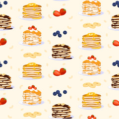 Sweet pancakes seamless pattern vector flat illustration. Treat baking homemade appetizing dessert