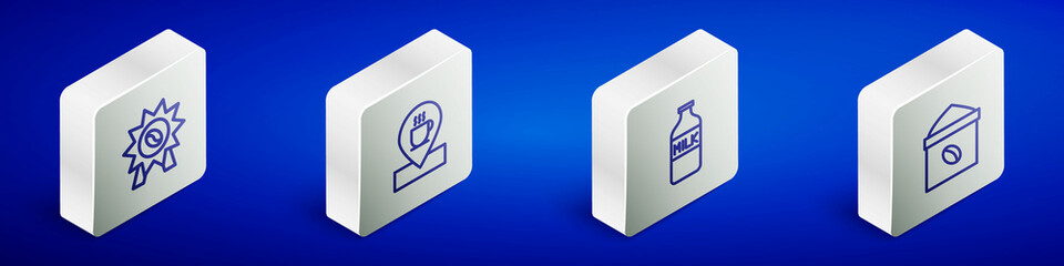 Set Isometric line Medal for coffee, Location with cup, Bottle milk and Bag beans icon. Vector