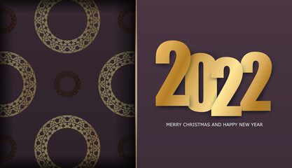 Template Greeting Brochure 2022 Happy New Year burgundy color with vintage gold ornament