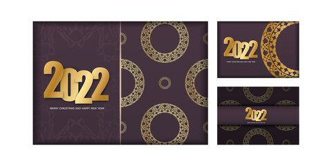 Fototapeta na wymiar 2022 Happy New Year Greeting Flyer Template Burgundy Color Abstract Gold Pattern