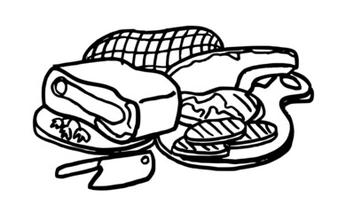 Different types of meat, ham, burgers, knife and a cutting board. Food, butcher shop. Hand drawn ink strokes style vector illustration isolated on white background.