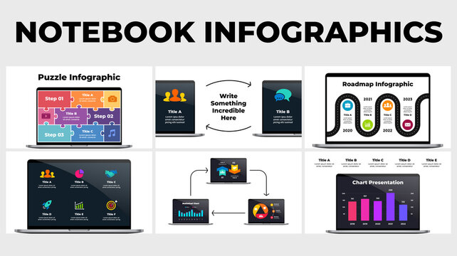 Electronic device mockups. Notebook infographic template presentation. Laptop display for your interface or web site. Puzzle banners, arrows, charts and diagrams. Business icons on dark screen.