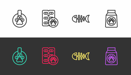 Set line Collar with name tag, Dog pill, Fish skeleton and Bag of food on black and white. Vector