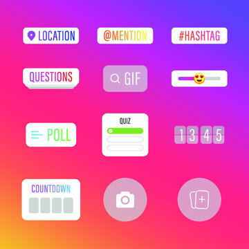 Social media interface stickers instagram, stories social media icons. Templates stories, hashtag, polls, emoji slider, countdown. Vector illustration