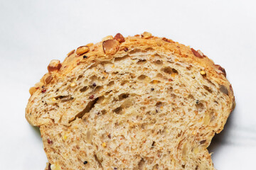 Super grains sliced bread. Health food to reduce high blood pressure, cholesterol and healthy heart. Health food concept with super foods. Top view.