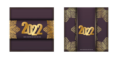2022 happy new year burgundy color flyer with vintage gold ornament