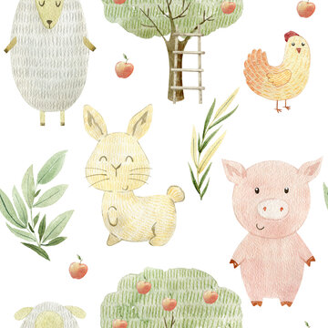 Watercolor pattern with farm animals.