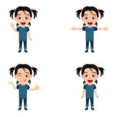 Happy kid girl character standing and doing different action posing