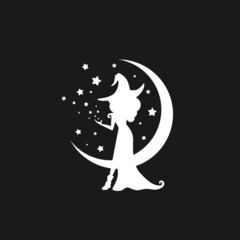 Black witch with stars and crescent in the night sky. Half moon and stars and hag in hat.