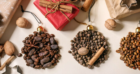 Obraz na płótnie Canvas Aromatic spices collection and different coffee beans as Christmas balls