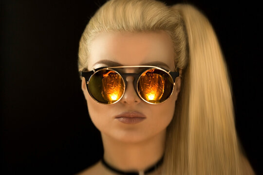 Portrait of a blonde model girl in round glasses with yellow glasses on a black background. Reflection of glare in glasses.