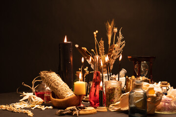 Occult and esoteric witch doctor still life. Selective focus. Halloween background with magic...