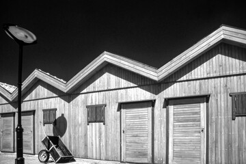Black and white fisherman wooden warehouses