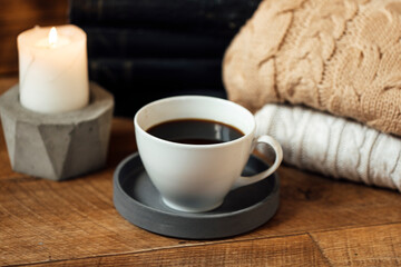 autumn morning. cozy home. warm plaid.