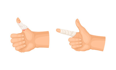 Wounded fingers with bandage. First aid for burn or cut wound vector illustration