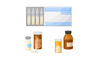 Set of different medical tools. Medicines and pharmaceutical products, bottles, tablets, capsules, ampoules vector illustration