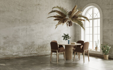 Minimalist interior with grungy walls, arch windows and floral cloud over the table, 3d render
