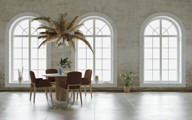 Minimalist interior design with hagning flower cloud over the table on the grungy wall with arch window background, 3d render