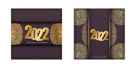 Postcard template 2022 Merry Christmas and Happy New Year burgundy color with vintage gold ornament