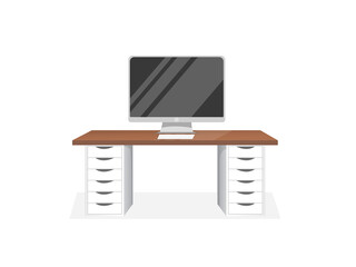 Comfortable workspace with a computer and a table on an isolated white background for home office, cabinet, remote work, freelancing, teaching. Vector illustration in flat cartoon style.