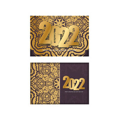 Postcard template 2022 Happy new year burgundy color with vintage gold ornament