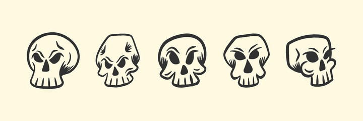 Set of Retro Skull Head Illustration for T-Shirt or Tattoo Design