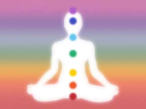 Modern grainy illustration of white meditating figure and the seven chakras - diagram, seated figure, rainbow- high resolution