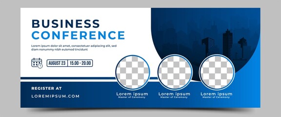 Business webinar, conference, course, seminars horizontal banner design. Modern banner design with dark blue and white background color and place for the photo. Usable for banner, cover, and header.