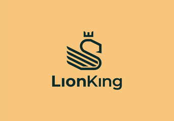 Lion king with wings logo design template. Linear minimalist premium vector logotype
