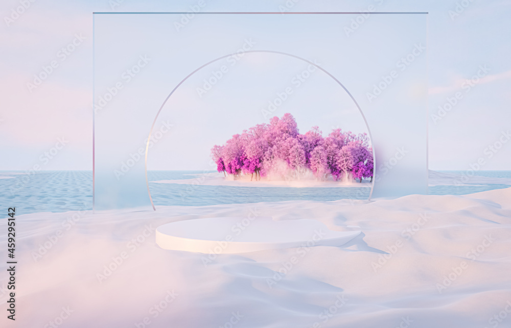Poster abstract winter christmas landscape scene background with product stand. 3d rendering.