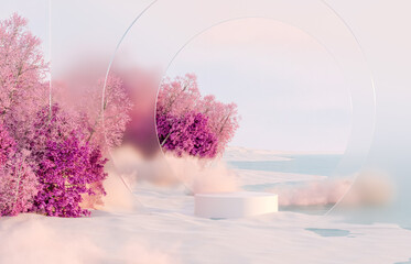 Abstract winter Christmas landscape scene background with product stand. 3d rendering.
