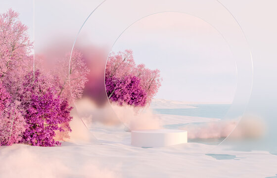 Abstract Winter Christmas Landscape Scene Background With Product Stand. 3d Rendering.