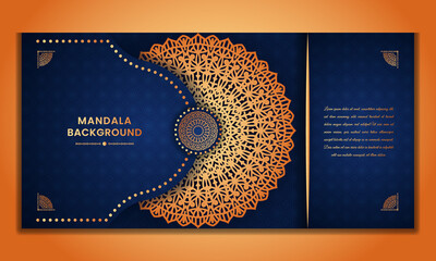 Blue Luxury religious golden mandala invitaion card design with ethnic pattern