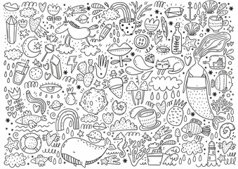 Obraz premium Magical coloring page for kids. Cartoon big coloring poster in doodle style. Cute unicorn, rainbow, mermaids, star, fish, cat, planet, space