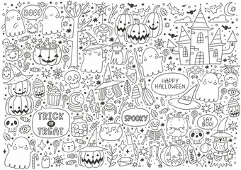 Trick or Treat coloring page. Halloween coloring page for kids. Cartoon big coloring poster in doodle style. Cute witch, ghost, castle, pumpkin, bat, zombie, mummy, cat