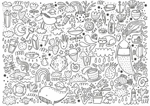 Magical coloring page for kids. Cartoon big coloring poster in doodle style. Cute unicorn, rainbow, mermaids, star, fish, cat, planet, space