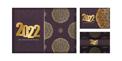 Template Greeting card 2022 Happy New Year burgundy color with abstract gold pattern