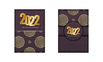 Template Greeting Brochure 2022 Merry Christmas and Happy New Year burgundy color with luxury gold ornament