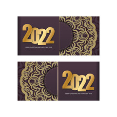 Template Greeting Brochure 2022 Merry Christmas and Happy New Year burgundy color with winter gold pattern