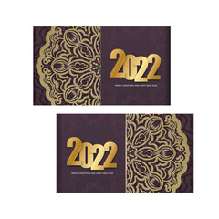 Template Greeting Brochure 2022 Merry Christmas and Happy New Year burgundy color with winter gold ornament