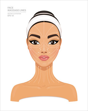 How to Do Lymphatic Drainage Massage. Face Massage Lines. Beautiful Arabic Woman Isolated on White Background. East Model for Facial Beauty Treatment. Skin Care Concept. Vector Illustration