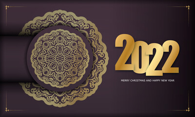 Template Greeting Brochure 2022 Happy New Year burgundy color with abstract gold pattern