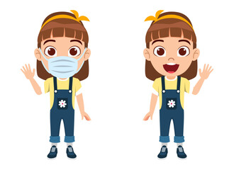 Happy cute kid girl character wearing mask covid- 19 isolated on white background