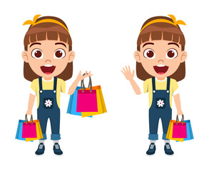 Happy cute kid girl character holding shopping bags isolated on white background