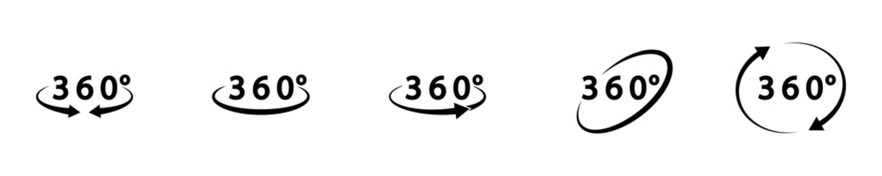 Conjunto de icono de vista de 360 grados, estilo c&iacute;rculo. Flechas e indicadores de rotaci&oacute;n. Vista completa, c&aacute;mara 360. Ilustraci&oacute;n vectorial